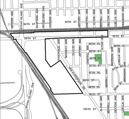 95th/Stony Island TIF district, roughly bounded on the north by the Chicago, Rock Island & Pacific Railroad tracks south of 94th Street, 99th Street on the south, Paxton Avenue on the east, and the Chicago & Western Indiana Railroad tracks at Harper Avenue on the west.
